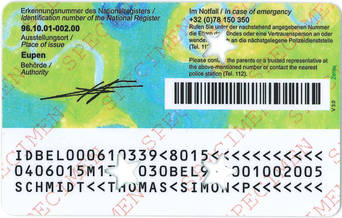 Abbildung der Rückseite des elektronischen Identitätsdokuments für belgische Kinder unter zwölf Jahren Kids-ID