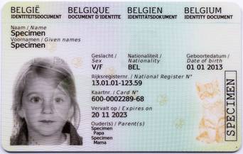 Afbeelding van de voorzijde van het elektronisch identiteitsdocument voor kinderen de Kids-ID