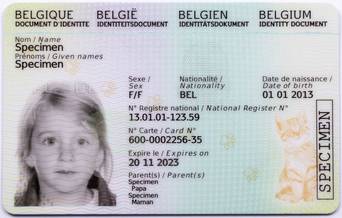 Image recto du document d’identité électronique pour les enfants belges de moins de douze ans Kids-ID