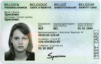 Abbildung der Vorderseite des belgischen elektronischen Personalausweises