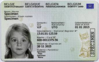 Afbeelding van de voorzijde van het elektronisch identiteitsdocument voor kinderen de Kids-ID EU