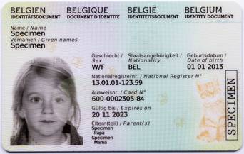 Abbildung der Vorderseite des elektronischen Identitätsdokuments für belgische Kinder unter zwölf Jahren Kids-ID